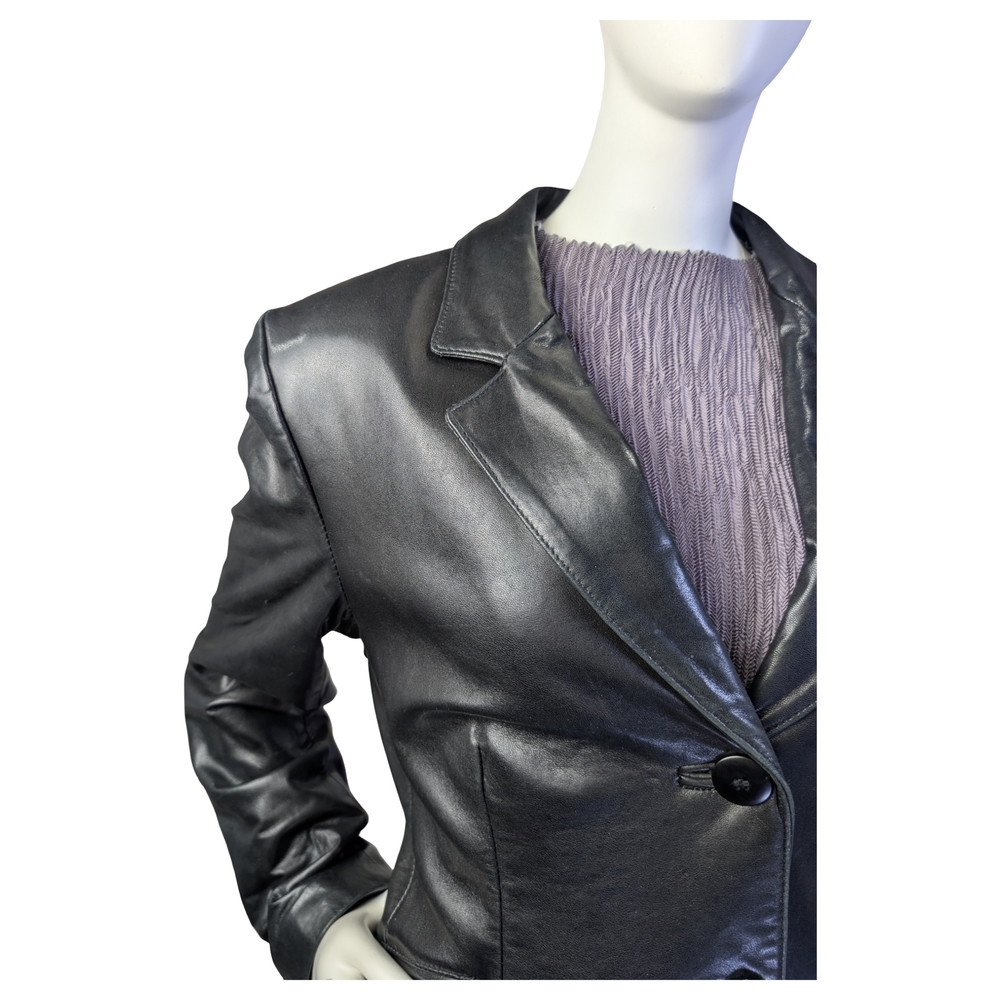 Vintage 90s Danier Minimalist Black Lamb Leather Blazer Jacket | Size M/L - Picture 5 of 9